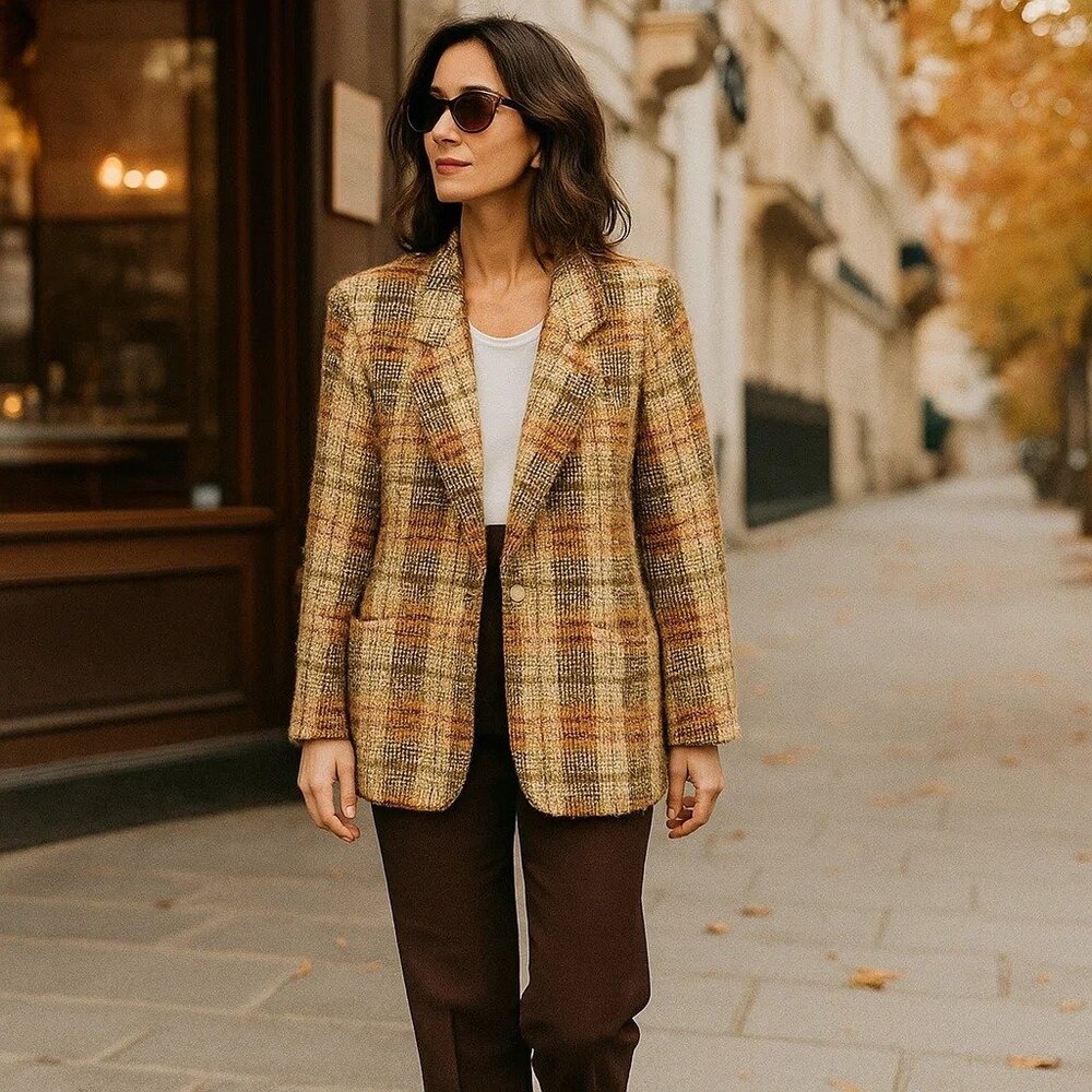 Vintage Alex Pure Wool Orange Plaid‎ Tweed One 0Button Academia Blazer Jacket 12